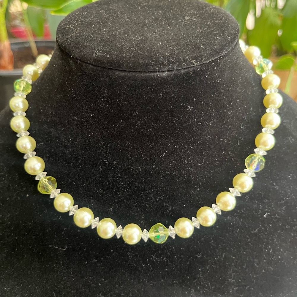 Vintage Necklace with Aurora Borealis Crystal and Pale Green faux Pearl Beads